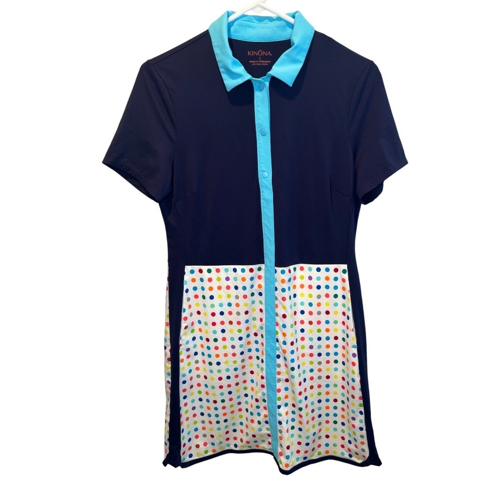 Kinona Womens Navy Blue Polka Dot Golf Snap Front Performance Dress Stretch S